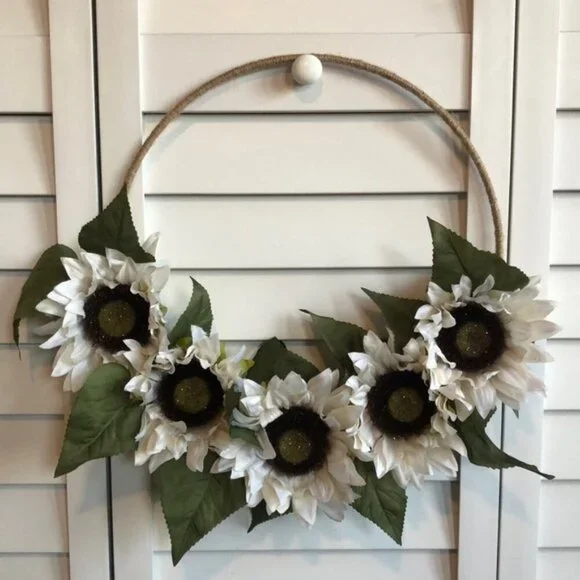 Off-White Sparkle Sunflower Leaf Floral Decor Spring Twine Tweed Hoop Wreath - Picture 2 of 4